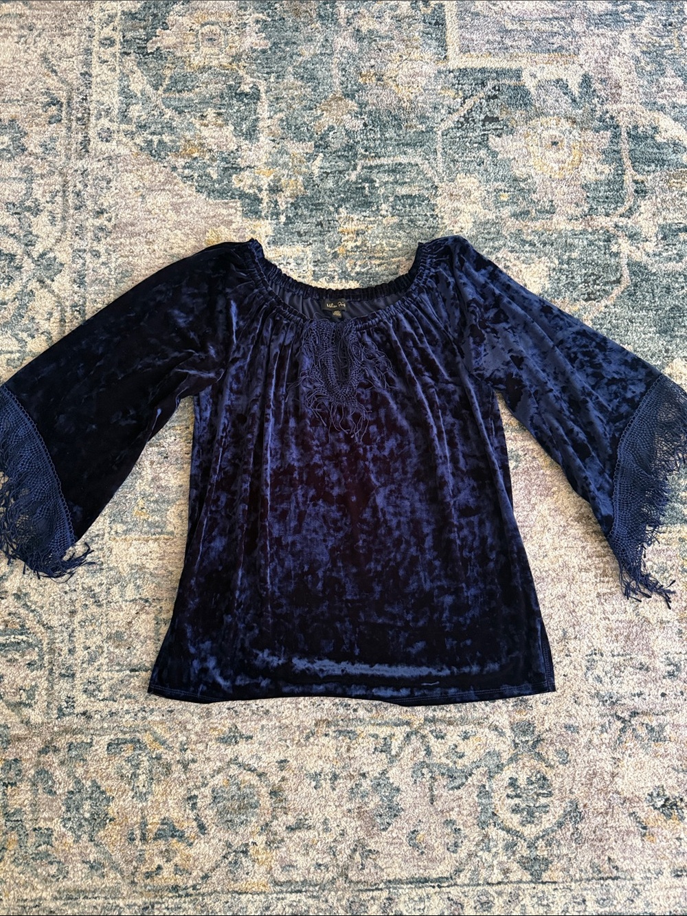 Melissa Paige Navy Crushed Velvet Bell Sleeve Blouse